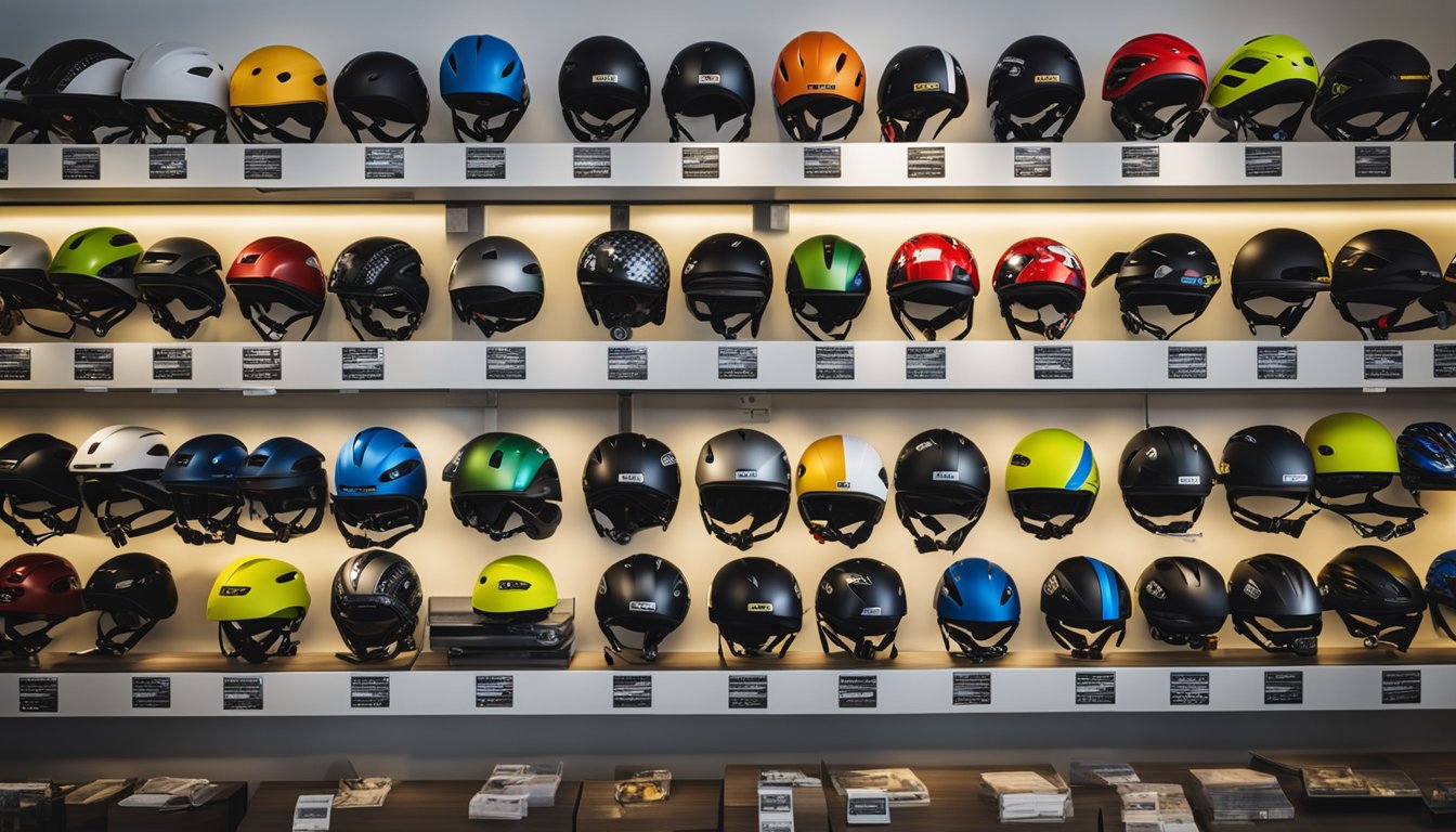 A group of road bike helmets with safety certifications displayed on a shelf, surrounded by posters of safety standards in a bike shop