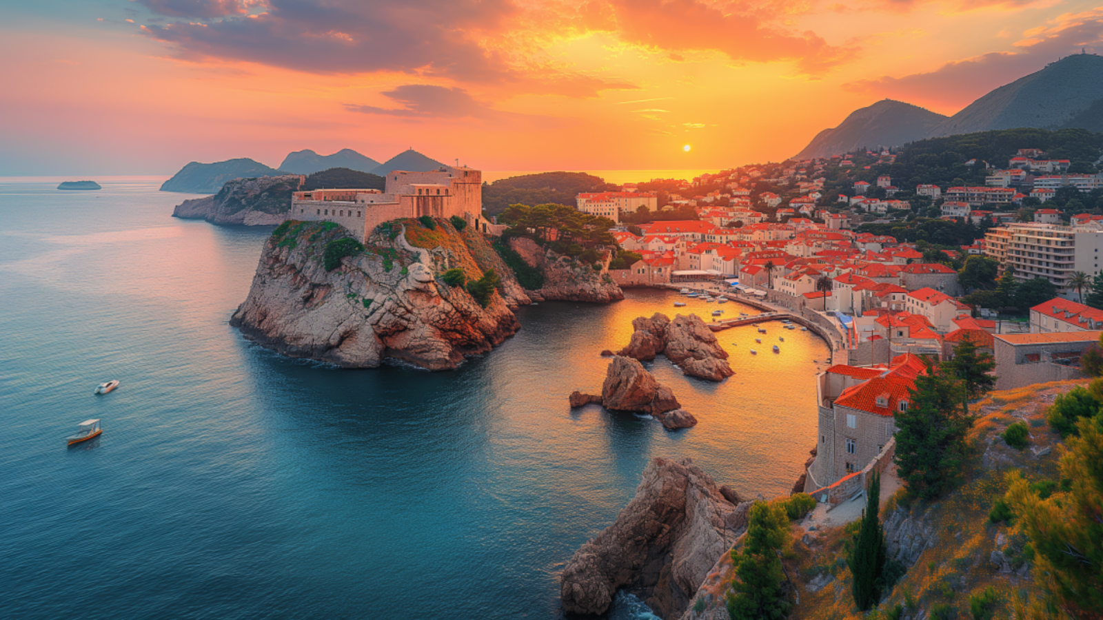 Aerial sunset view of Dubrovnik with ancient city walls along the Adriatic Sea, exuding tranquility and luxury.