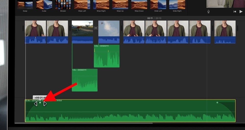 A tiny circle handle in each ends of a music track to fade it in and out in iMovie