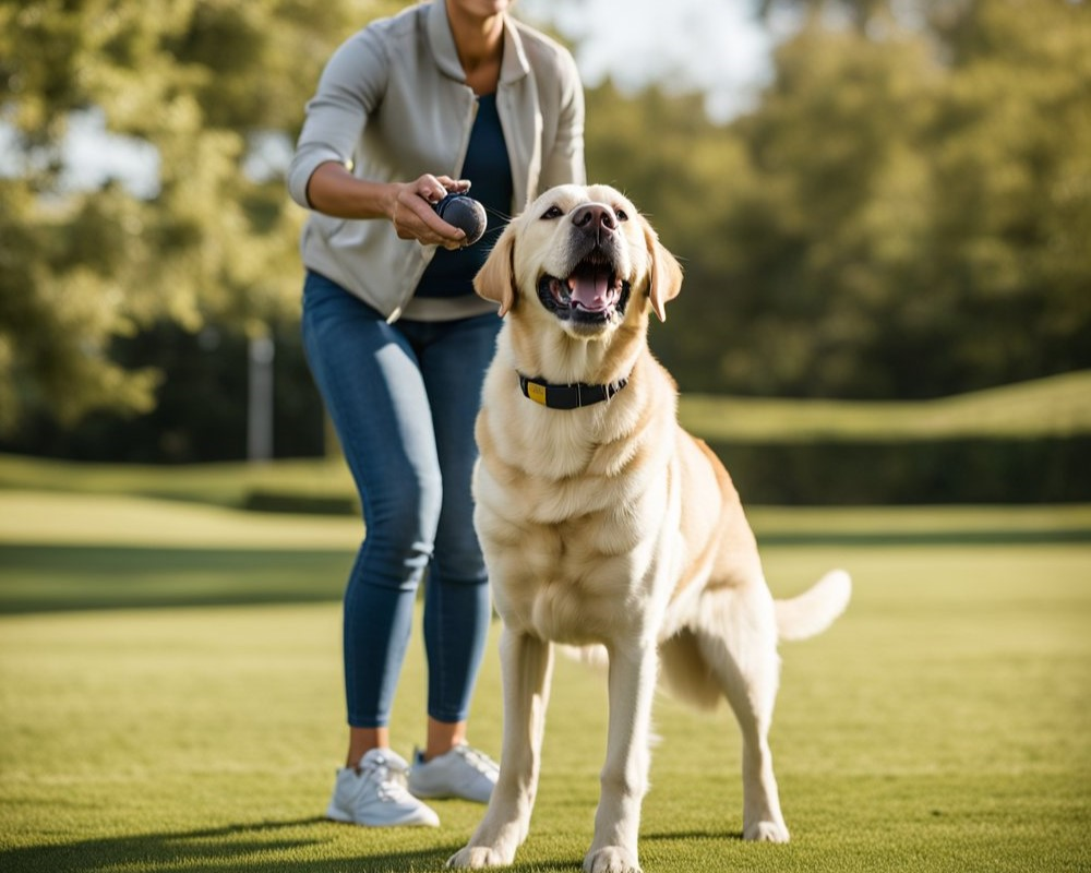 a dog owner playing ball fetch with labrador retriever