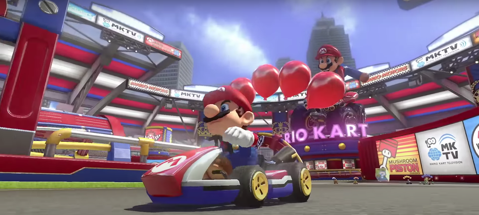 A trailer screenshot of Mario in his kart from Mario Kart 8. 