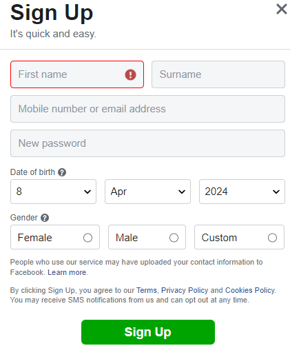 Make a Fake Facebook Account sign up