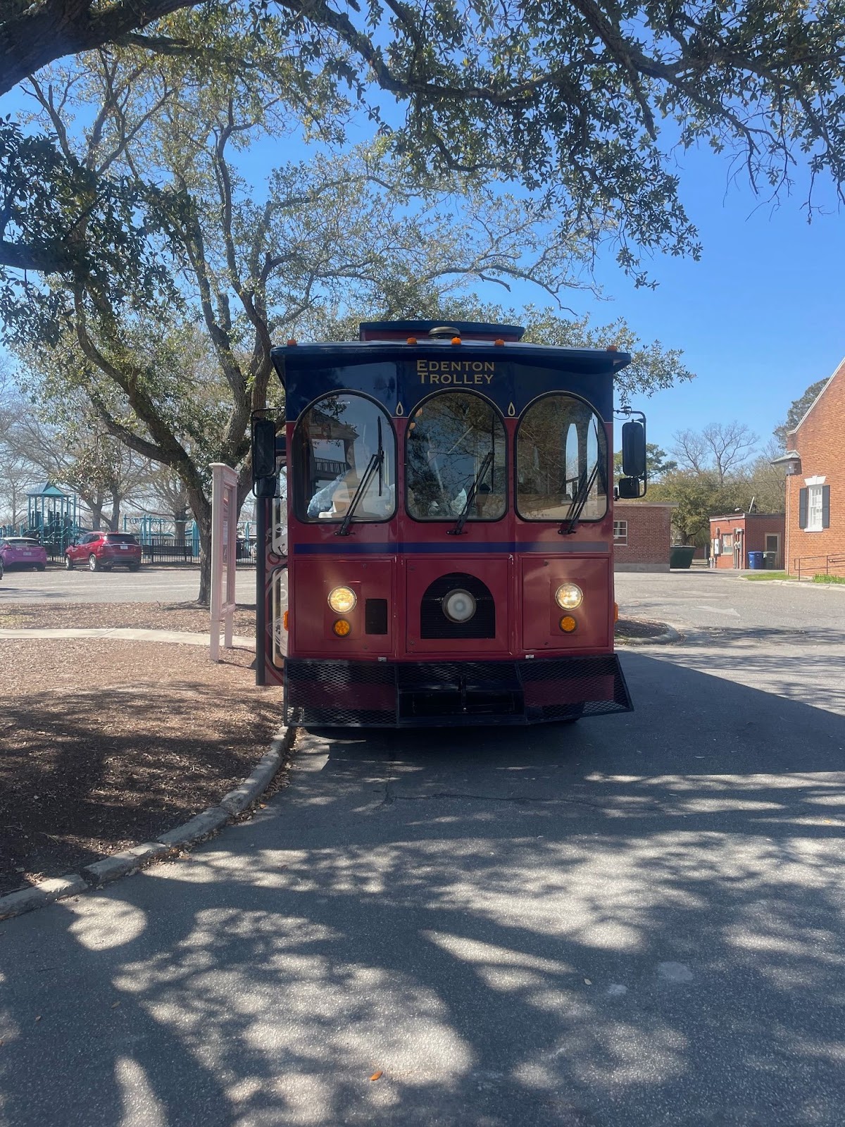 Red trolley car in Inner Banks NC