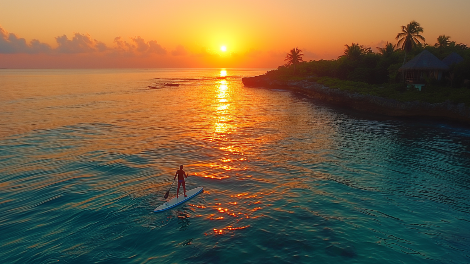 A tranquil early morning paddleboarding session in the serene waters of Playa del Carmen.