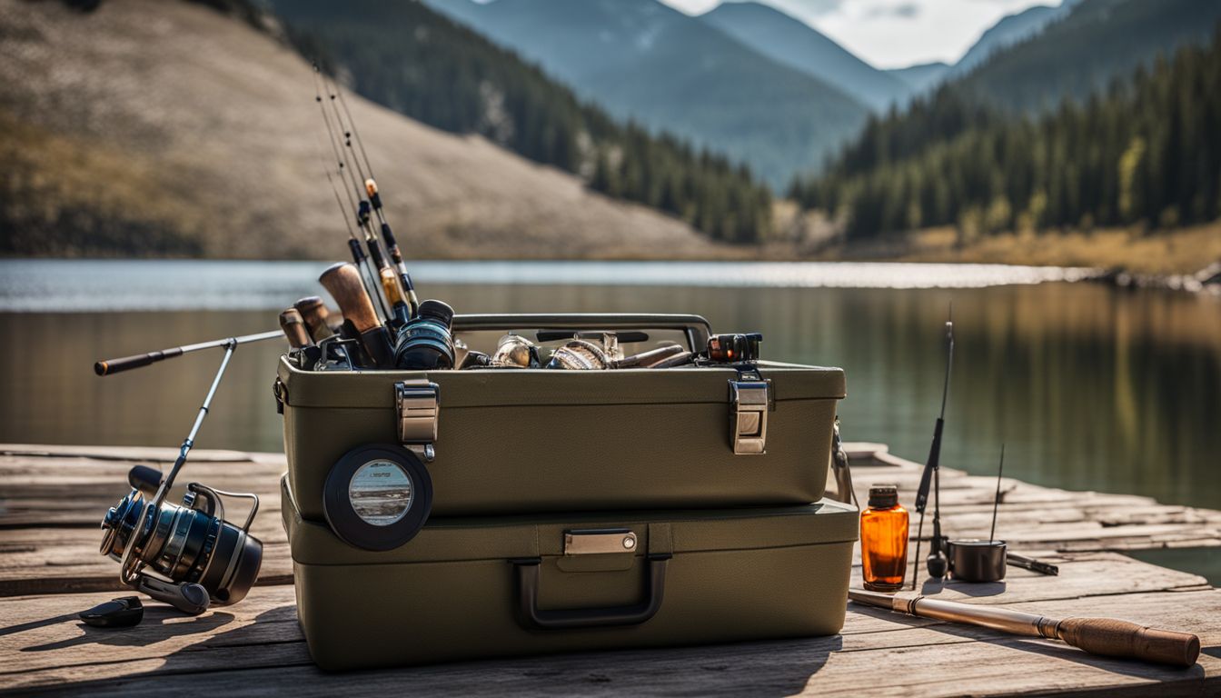 Fishing rod and tackle box by a peaceful mountain lake, ideal for backpacking