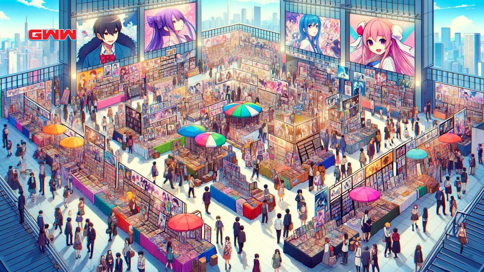 Anime convention market scene with vibrant stalls