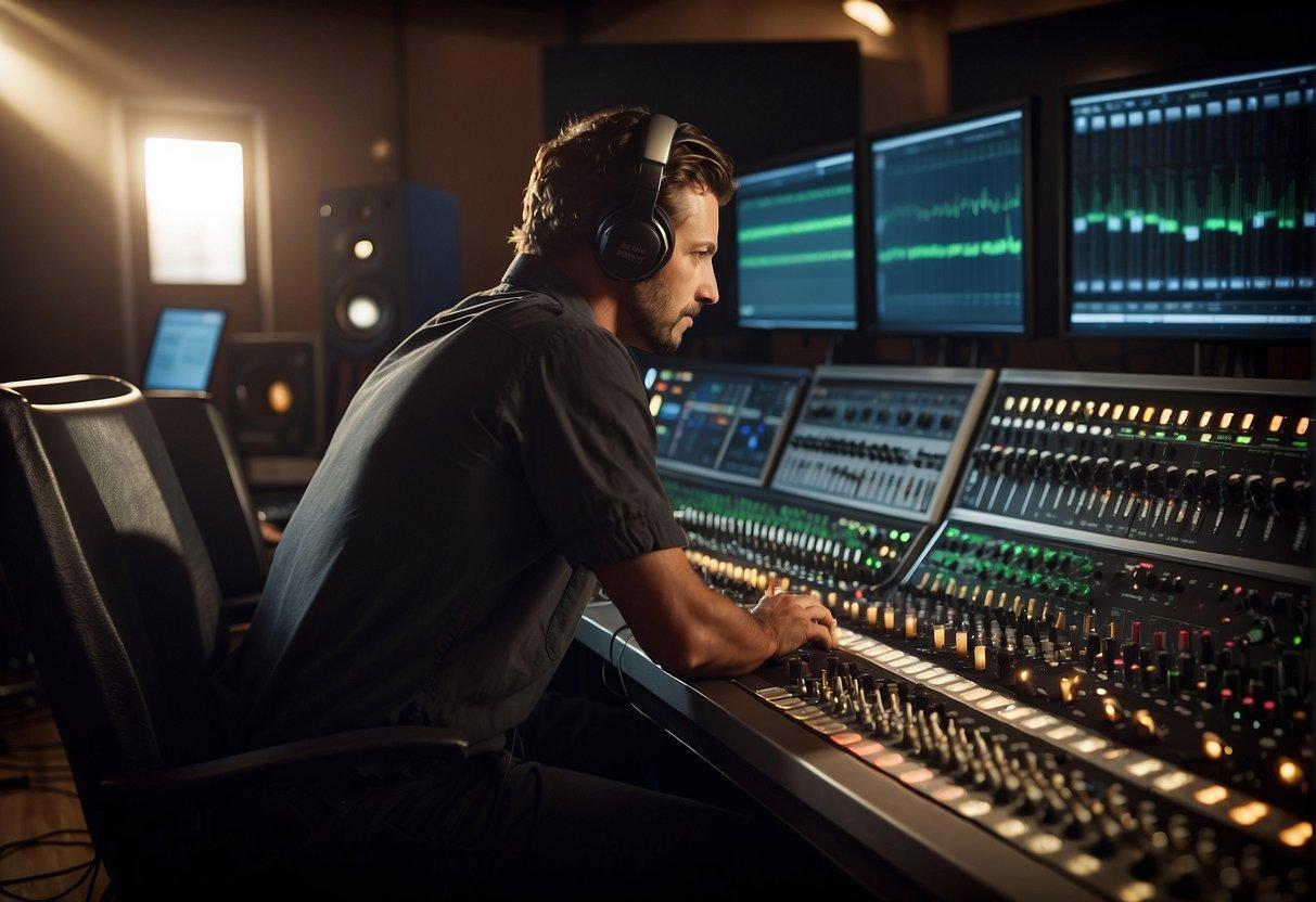 A sound engineer adjusts knobs on a mixing console, while a computer screen displays waveforms. Studio monitors and recording equipment fill the room