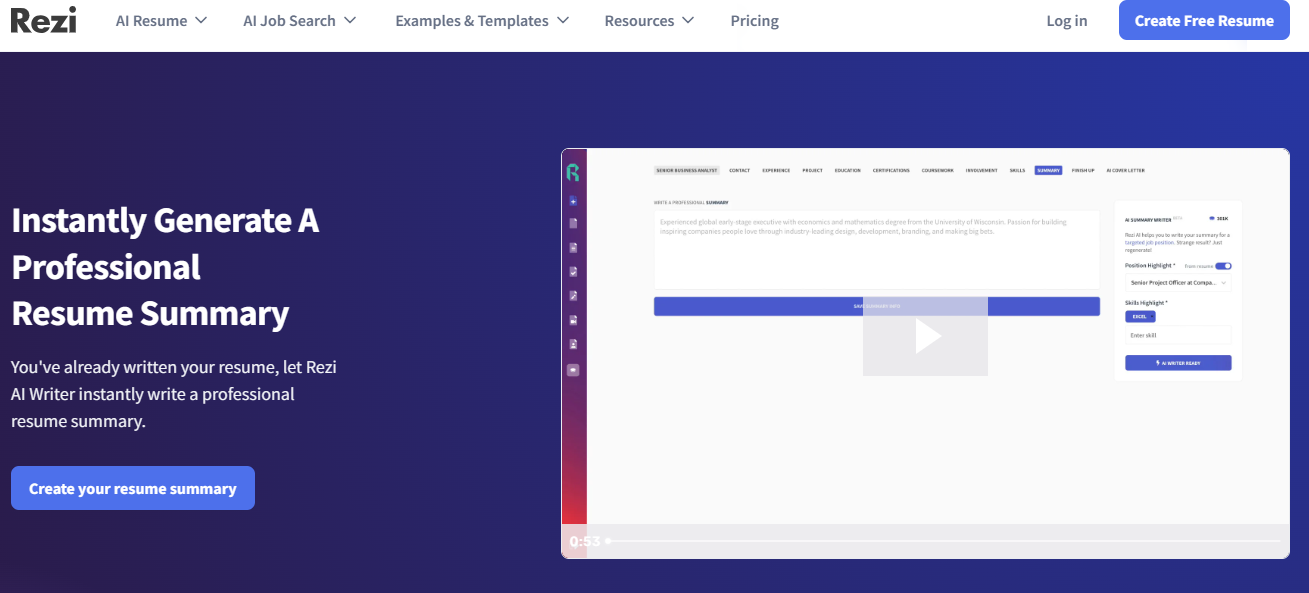 Rezi AI Resume Summary Generator