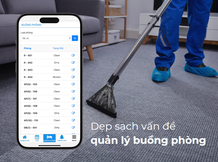 Quản lý buồng phòng có thể dễ dàng cập nhật tình trạng dọn phòng trên phiên bản 2.0 của ứng dụng Blue Jay PMS. blue-jay-pms-mobile-app-update-phien-ban-2.0