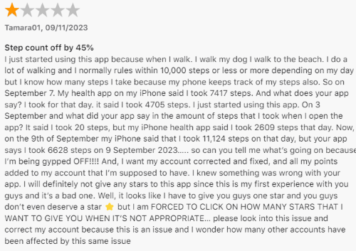 A 1-star Apple App Store review from a CashWalk user who says the app is undercounting their steps by 45%.