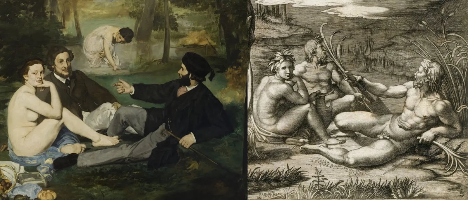 Слева: Эдуард Мане. Завтрак на траве. 1863. Справа: Маркантонио Раймонди. Суд Париса (фрагмент гравюры). 1514-1518.