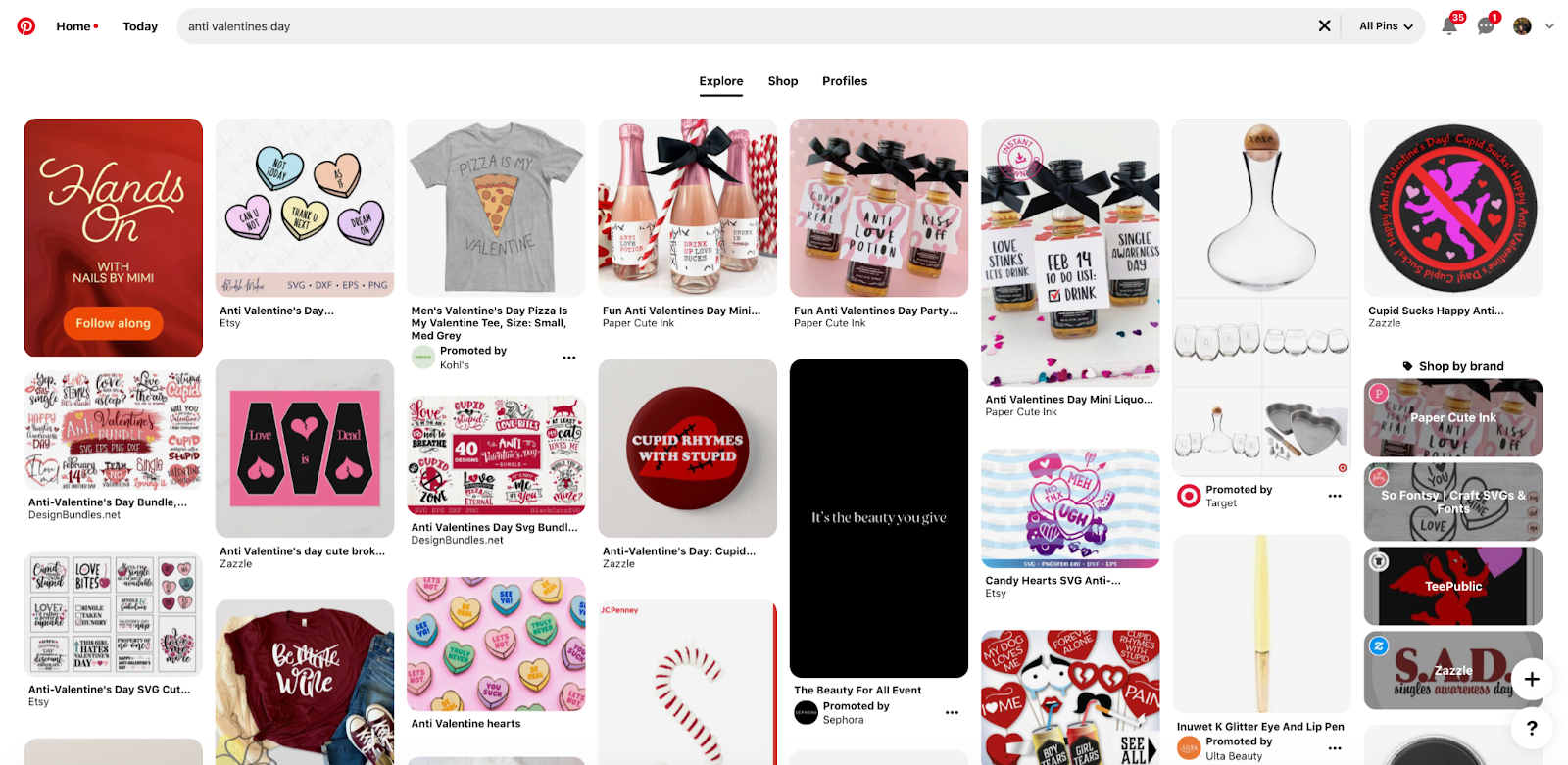 Screenshot of Pinterest search for "ant-Valentine's day" including many graphics and anti-cupid imagery