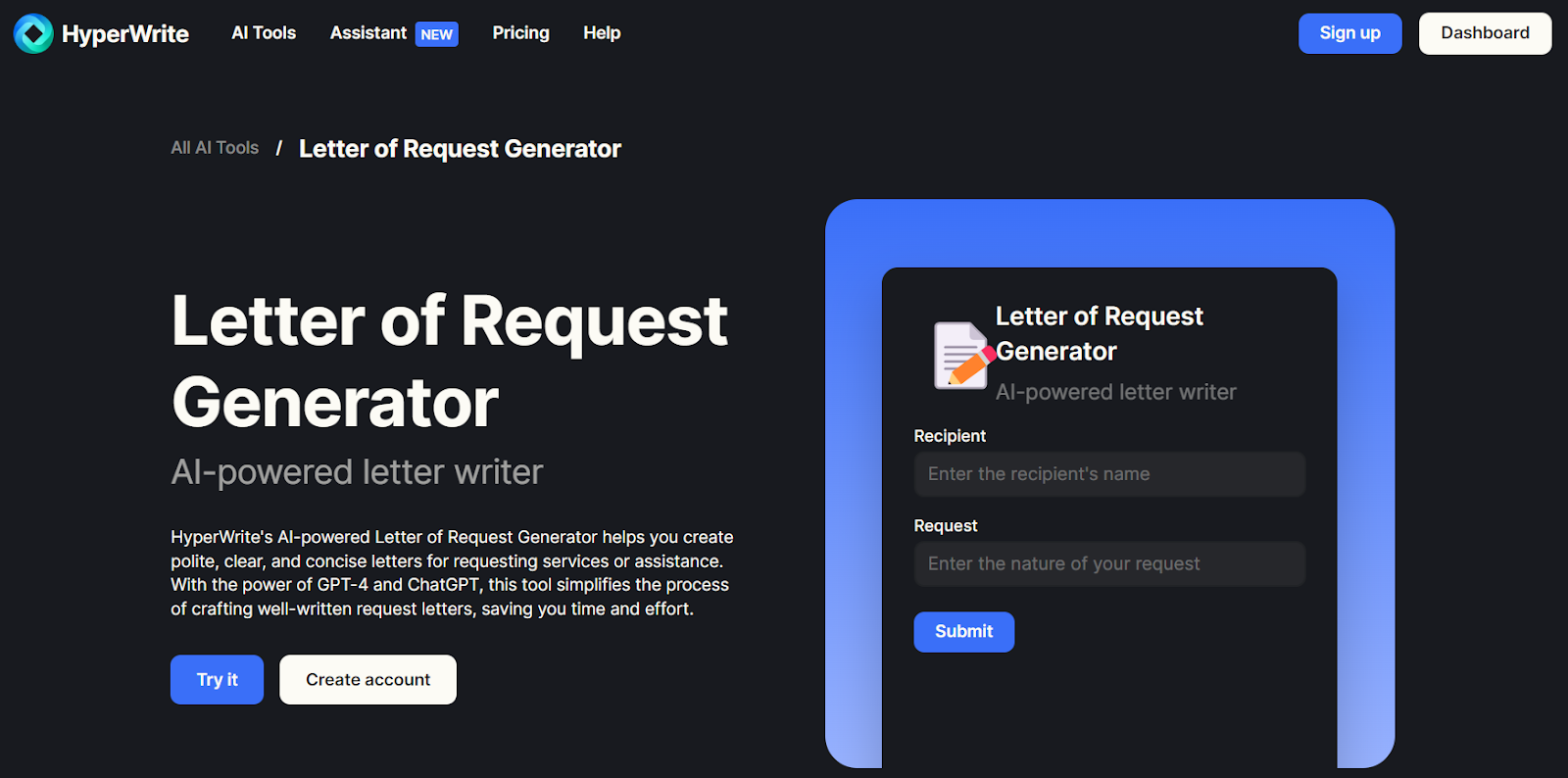 HyperWrite's AI Letter of Request Generator