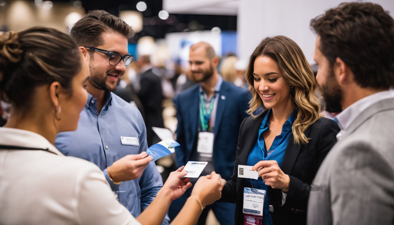 Professionals exchanging business cards at a bustling trade show in San Antonio.