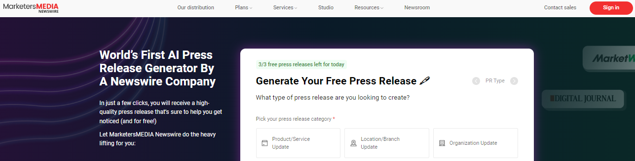 MarketersMEDIA's Unlimited AI Press Release Generator