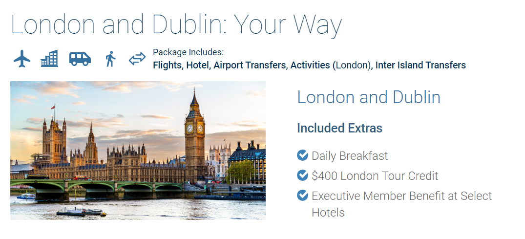 screenshot showing london trip on costco website