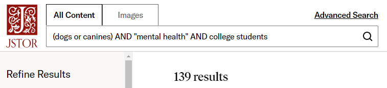 Screenshot of the seatch (dogs or canines) AND "mental health" AND college students in the JSTOR database.