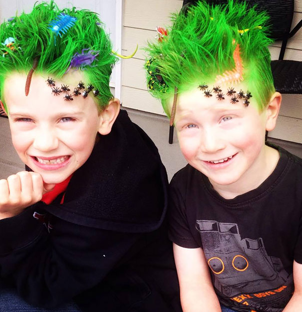 Picture showing two  boys rocking the critters hairstyle for the crazy hair day event