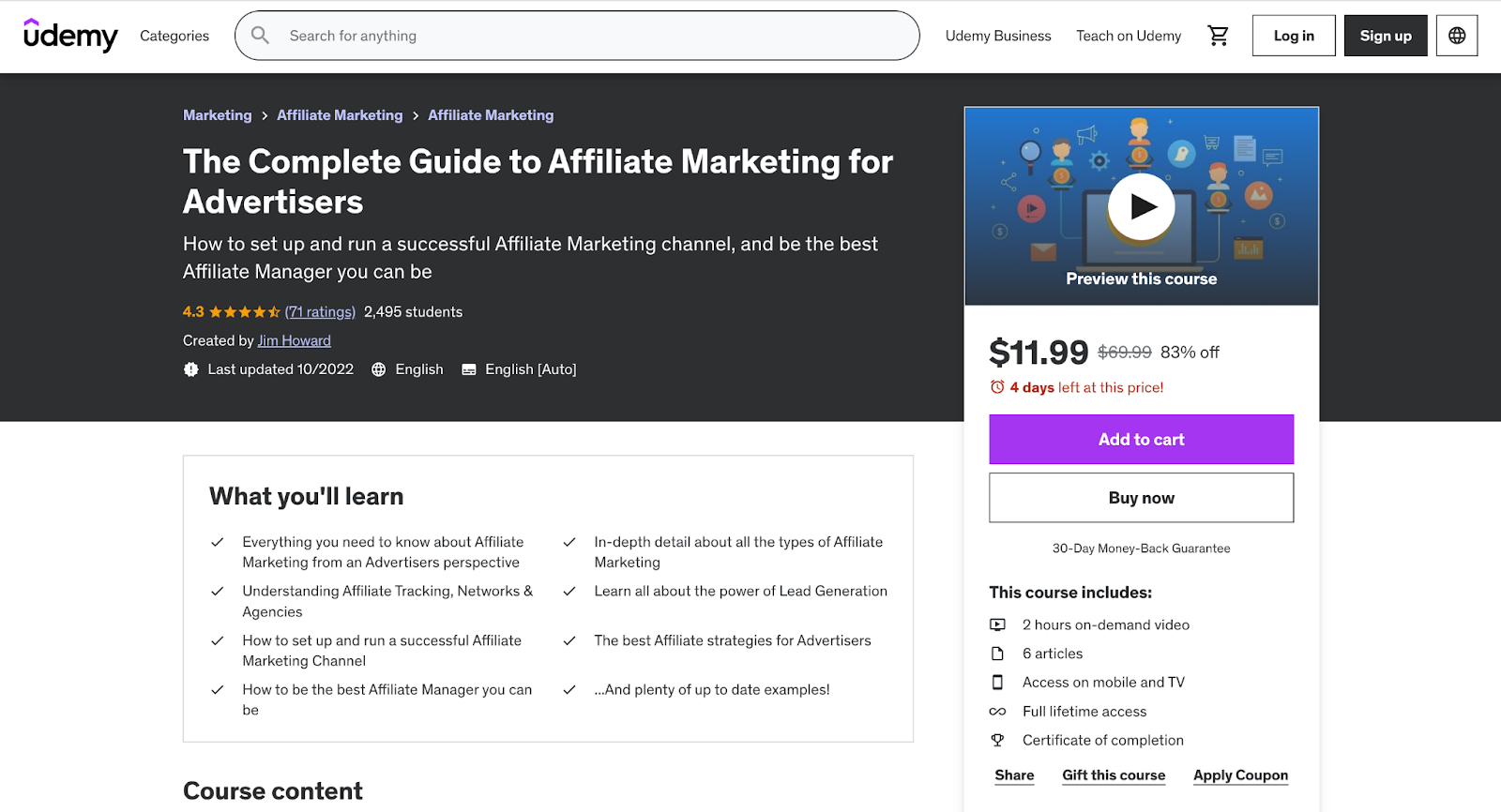 The Complete Guide to Affiliate Marketing for Advertisers course page on Udemy.