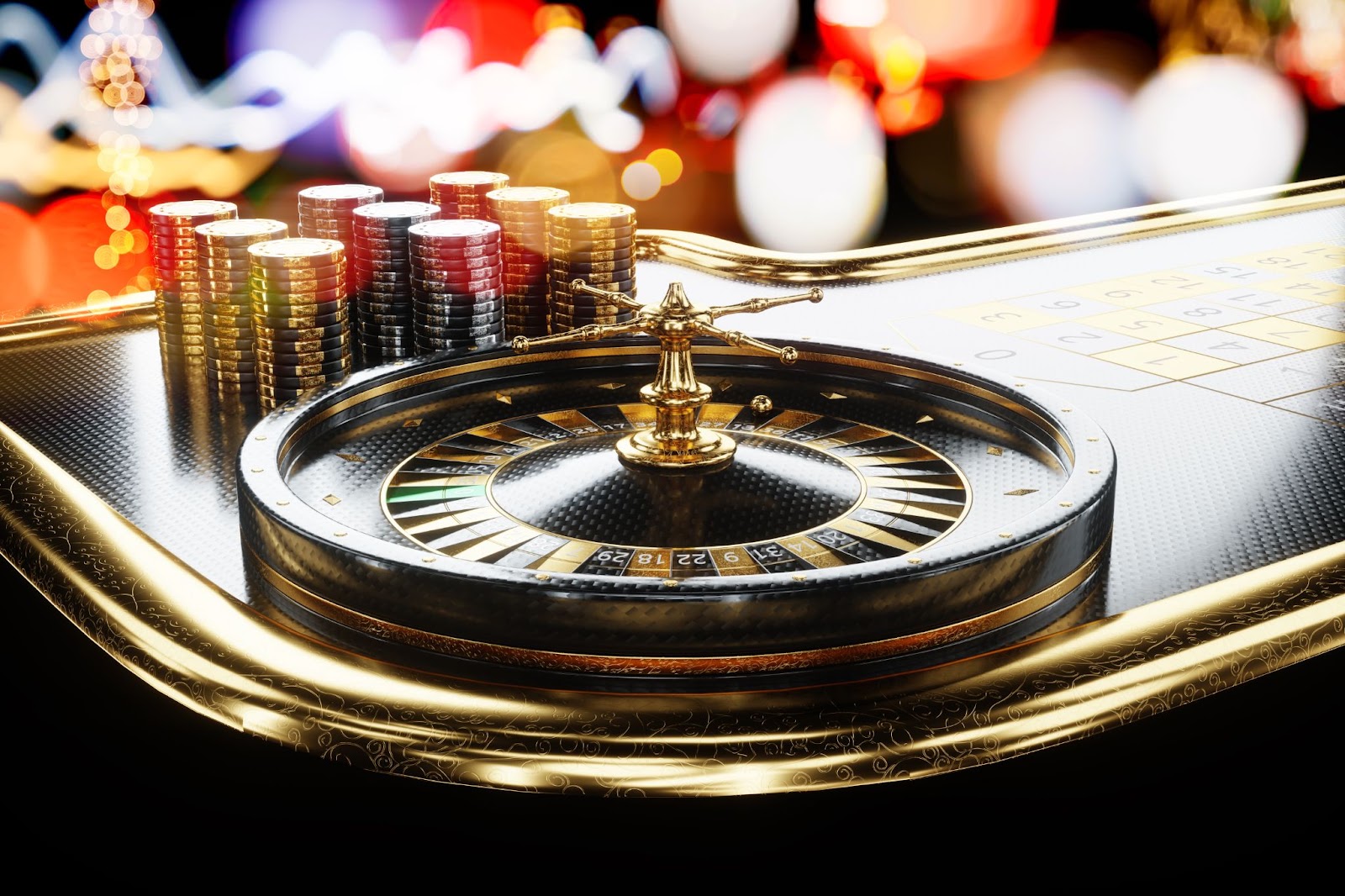 A close-up of a roulette wheel and betting table with stacks of casino chips, set against a backdrop of colorful bokeh lights.