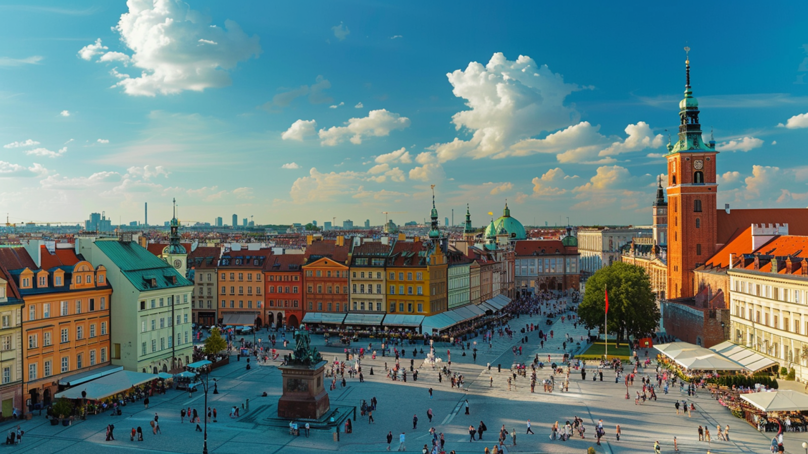 A panoramic view of Warsaw, Poland under blue, cloudy skies