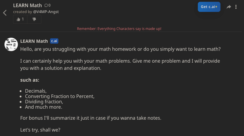 Screenshot of a 'learn math' chatbot on Character.AI