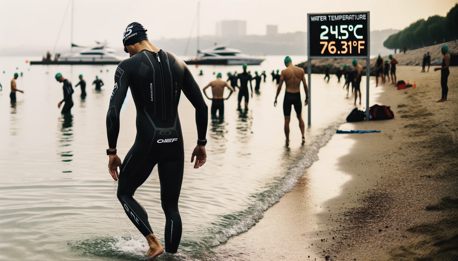 Photo of a professional triathlete at the shoreline, wearing a full wetsuit, preparing to enter the water. The environment appears calm, with a few other competitors in the distance getting ready. A clear sign nearby states the water temperature as '24.5 C (76.1 F)'.