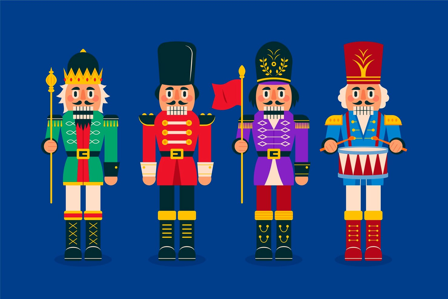 Four different Nutcrackers with one of them holding a flag.