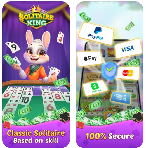 Two Solitaire King screens, one with a rabbit at the game table with cards and one displaying the various payout platforms available. 