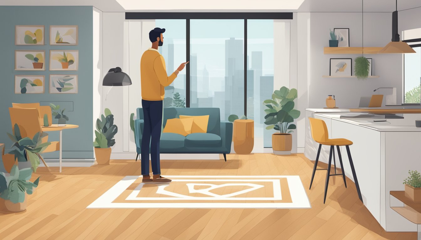 A room with LVT flooring, a sign reading "Frequently Asked Questions: What is LVT flooring?" and a person pointing to the sign