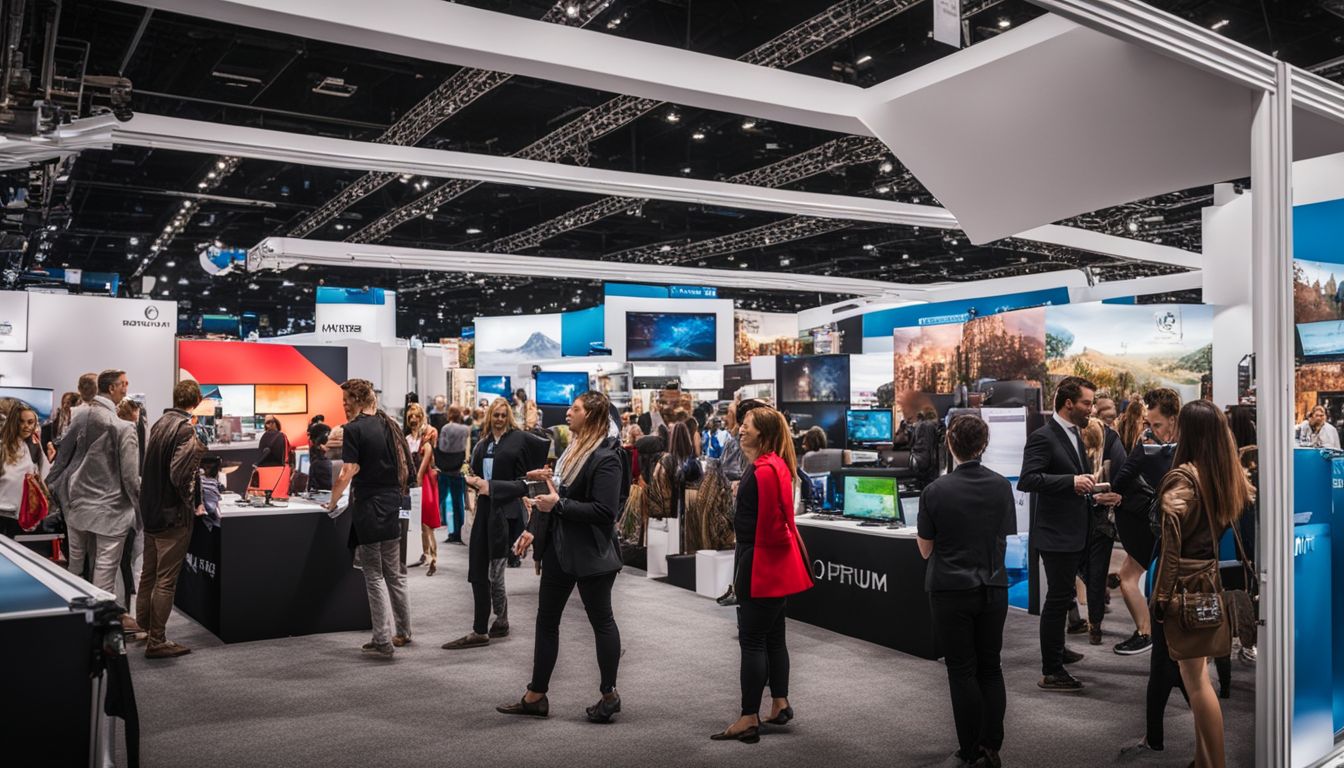 A vibrant trade show with diverse booths and interactive displays.