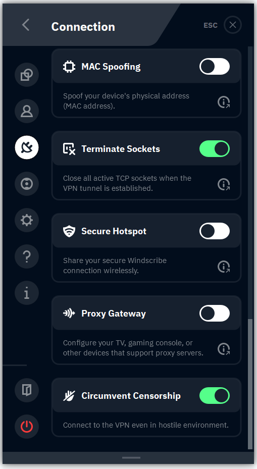 Screenshot of WIndscribe UX for Connection Options showing Circumvent Censorship feature active