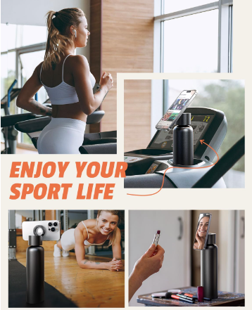 A great depiction of the Magnetic Water Bottle Phone Holder in action - at the gym on the treadmill, during a workout, and at home performing a makeup tutorial.