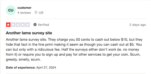 A 1-star Earn Haus Trustpilot review from a user who was upset to learn that the platform charges a fee for cashouts below $10.