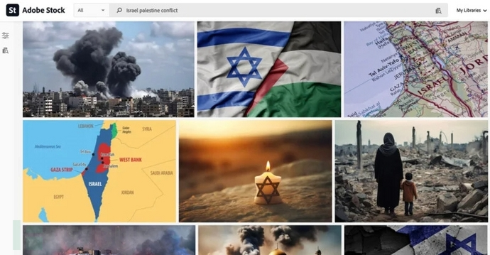 Numerous AI-generated images appear when searching for the Israel-Palestine conflict on Adobe Stock.