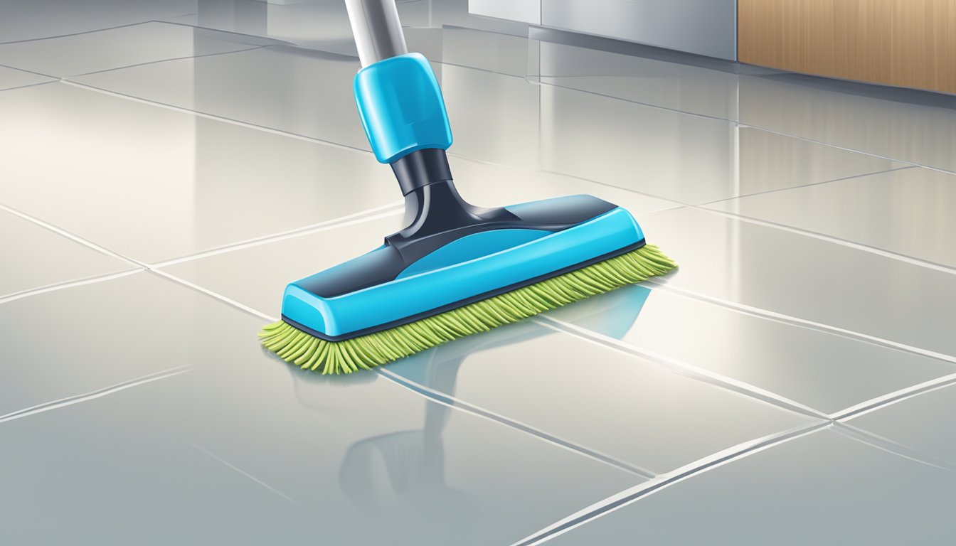 A bottle of cleaning solution and a mop on a shiny vinyl floor