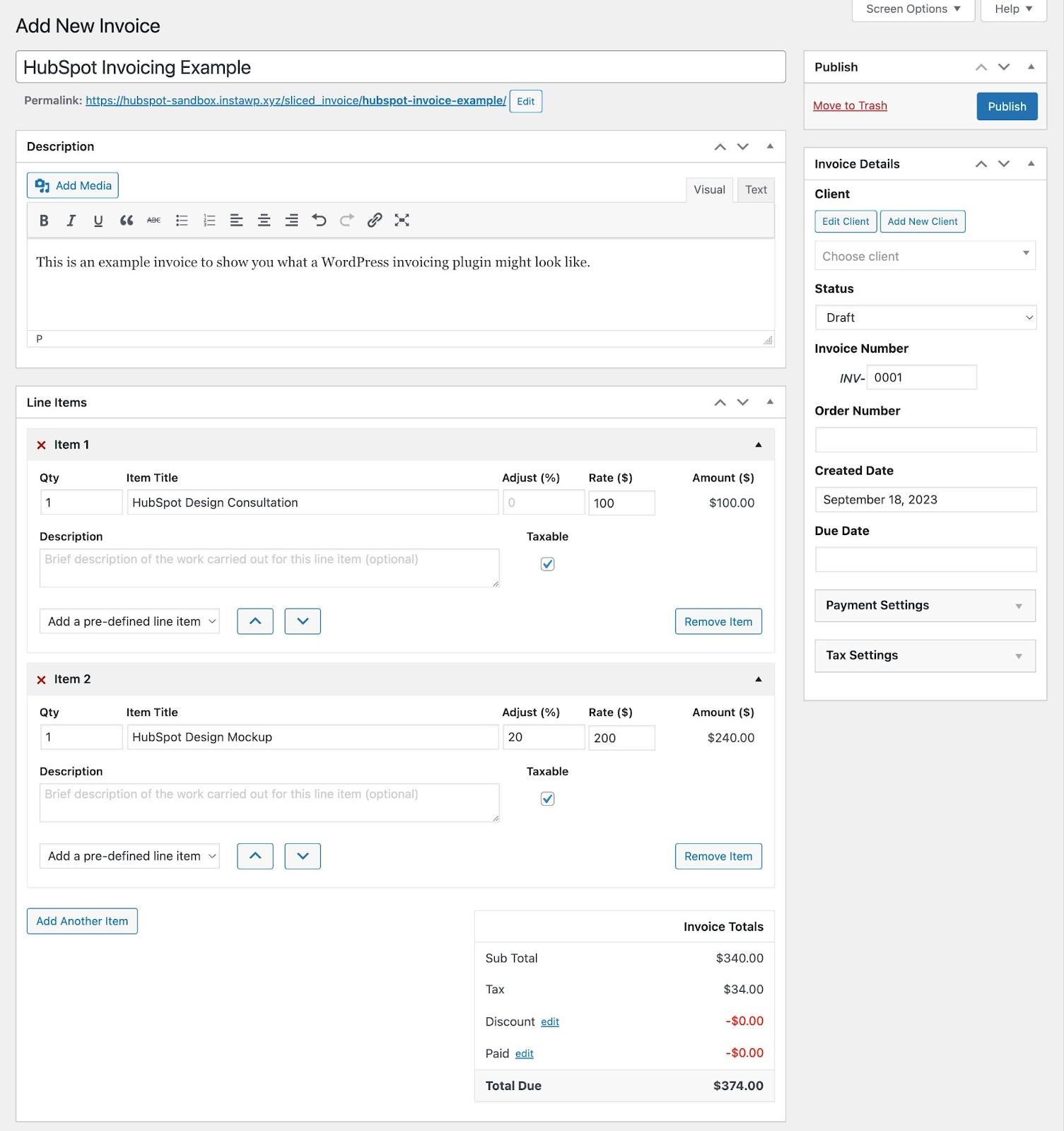 An example of using a WordPress invoicing plugin to create a client invoice