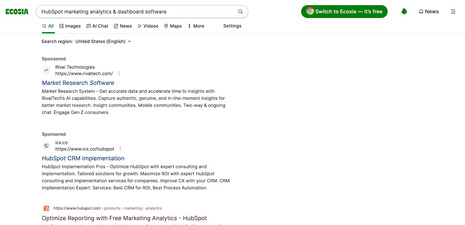 Ecosia search engine results page for “HubSpot marketing analytics & dashboard software.”