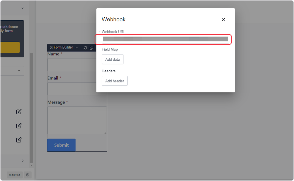 Copy the webhook URL from the trigger flyout and paste it into the 'Webhook URL' field inside the opened 'Webhook' popup.