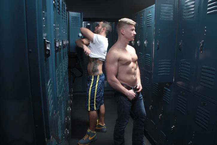 gay males undressing in the local bathhouse locker room in promotional still from fort lauderdale sauna and gay cruising hot spot