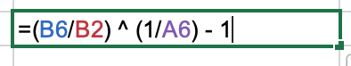 Tính CAGR trong Excel Bước 2: Nhập số ô của bạn vào phương trình