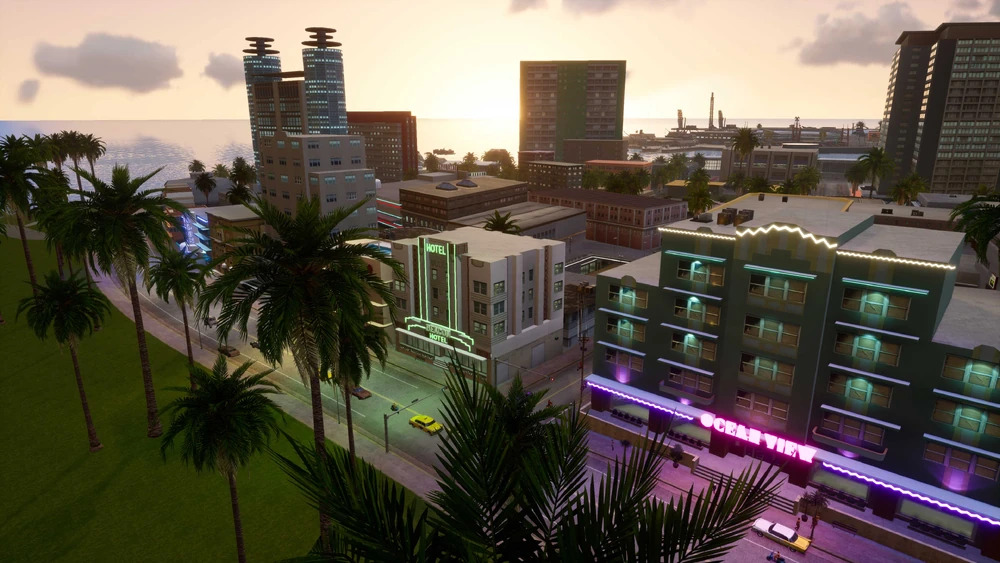 An in video game screenshot of the Ocean View hotel from Grand Theft Auto: Vice City. 