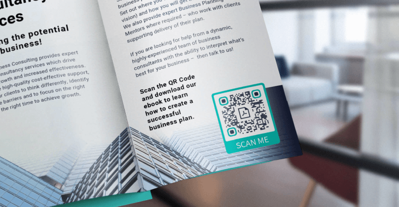 A brochure with a QR Code in the corner that encourages people to interact with more resources, such as a downloadable ebook