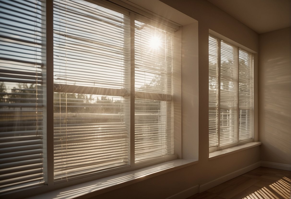 A row of horizontal blinds in a window, with sunlight filtering through