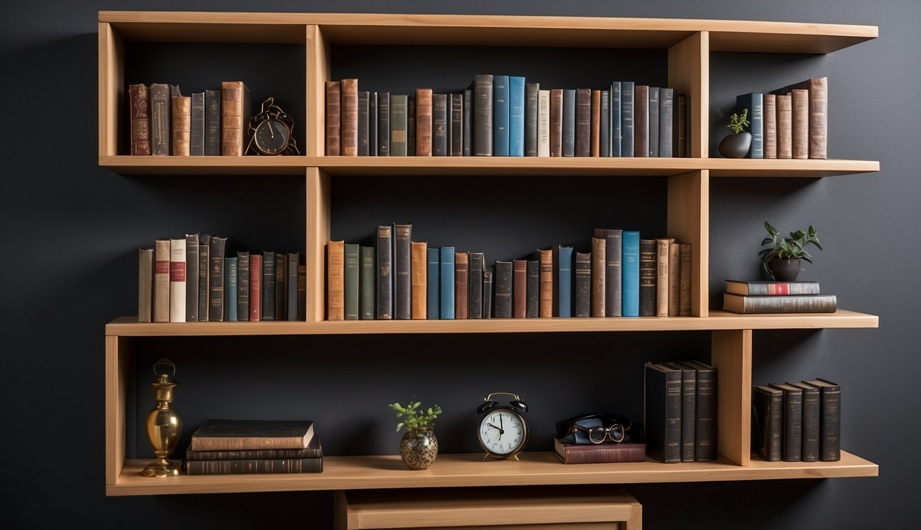 Concealment shelves hold various items. Books, small objects, and valuables are hidden behind a hinged front panel. The shelves are mounted on a wall