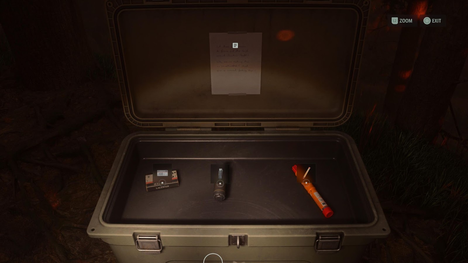 An in game screenshot of an open cult stash from Alan Wake 2. 