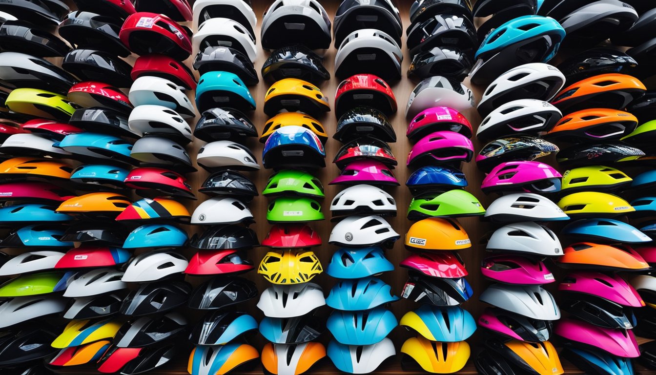 Colorful road bike helmets arranged neatly on a display shelf