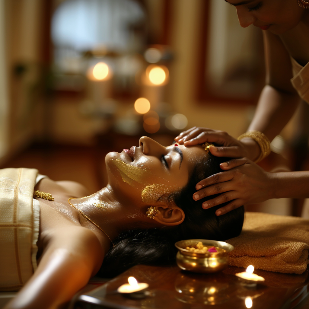 Woman getting a healing Ayurvedic massage by a Ayurvedic Holistic Practitioner with a soft and lovely atmosphere.