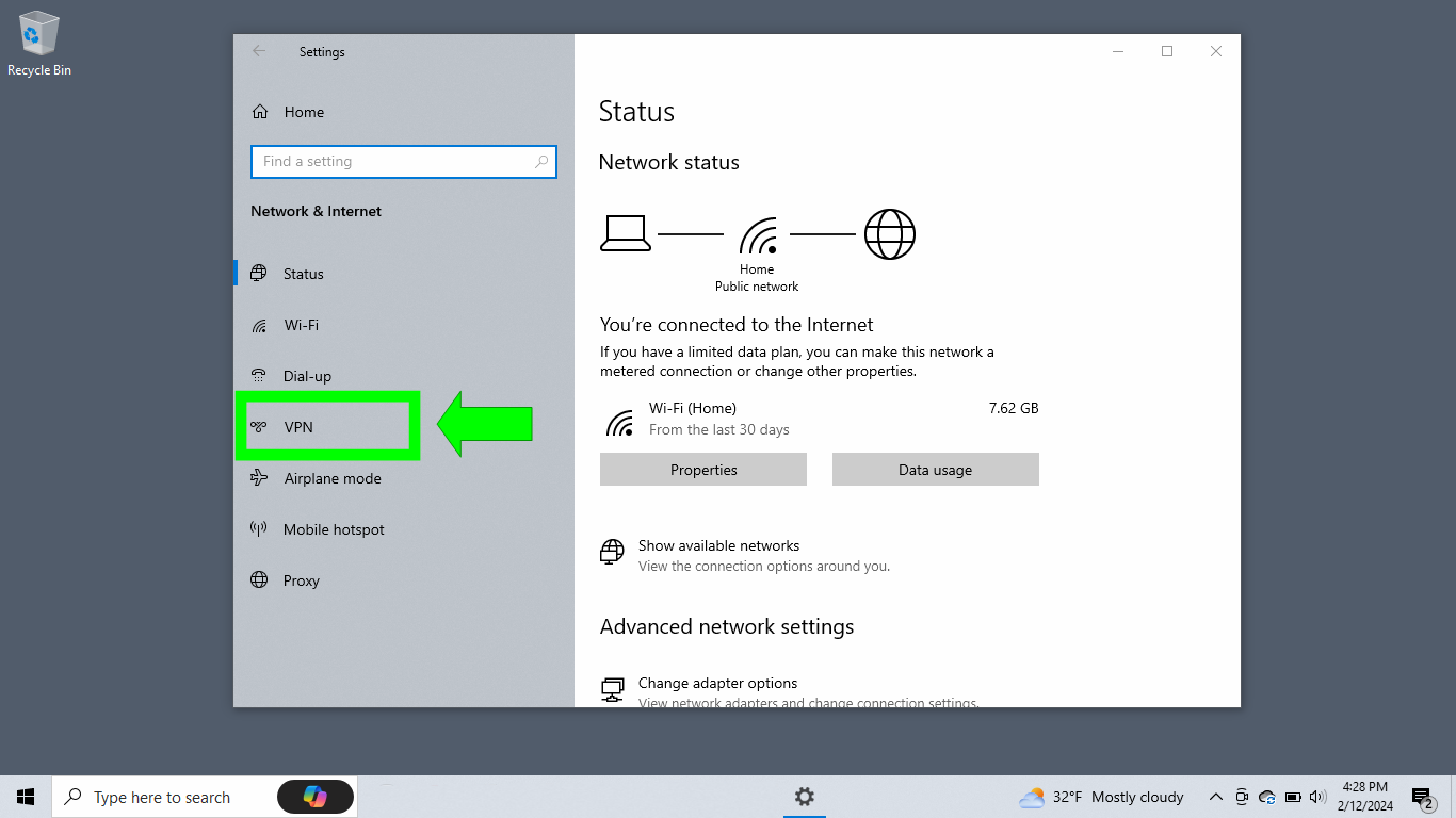 A screenshot of Windows Network & Internet settings with VPN highlighted.
