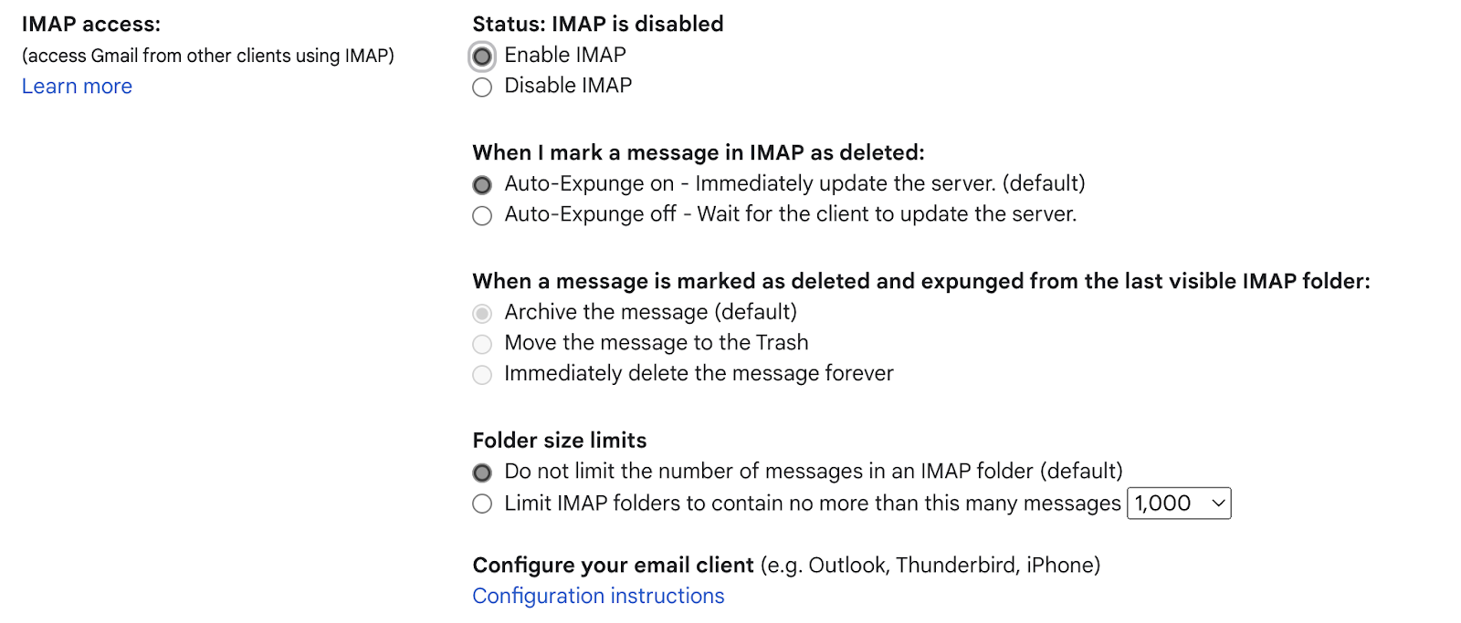 Customização de ações do IMAP no Gmail